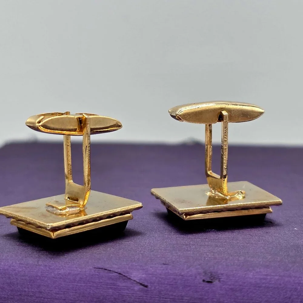 VTG Gold Finish Postage Stamp Rectangle Black  MCM Mid Century Modern Cuff Links